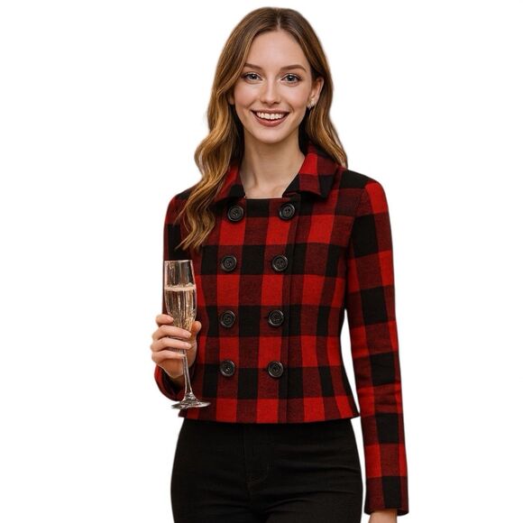 J Crew‎ Womens 2 Red Black Buffalo Plaid Wool Peacoat Fall Lumberjack - Picture 3 of 16